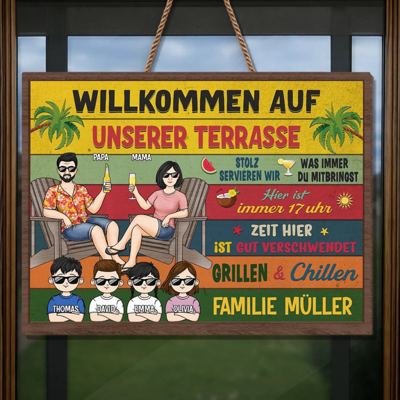 Personalisiertes Holzschild – Geschenk für Familie – Willkommen auf unserer Terrasse