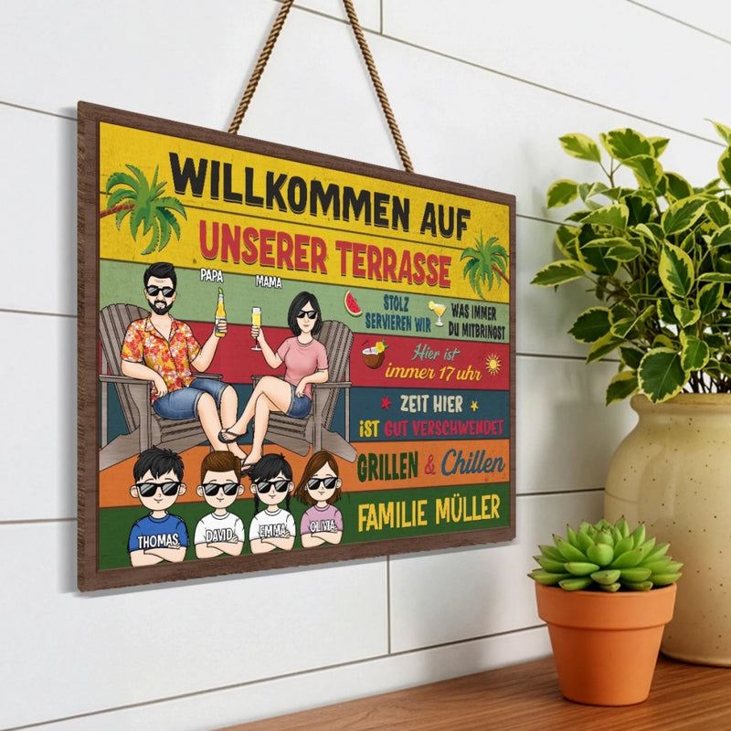 Personalisiertes Holzschild – Geschenk für Familie – Willkommen auf unserer Terrasse