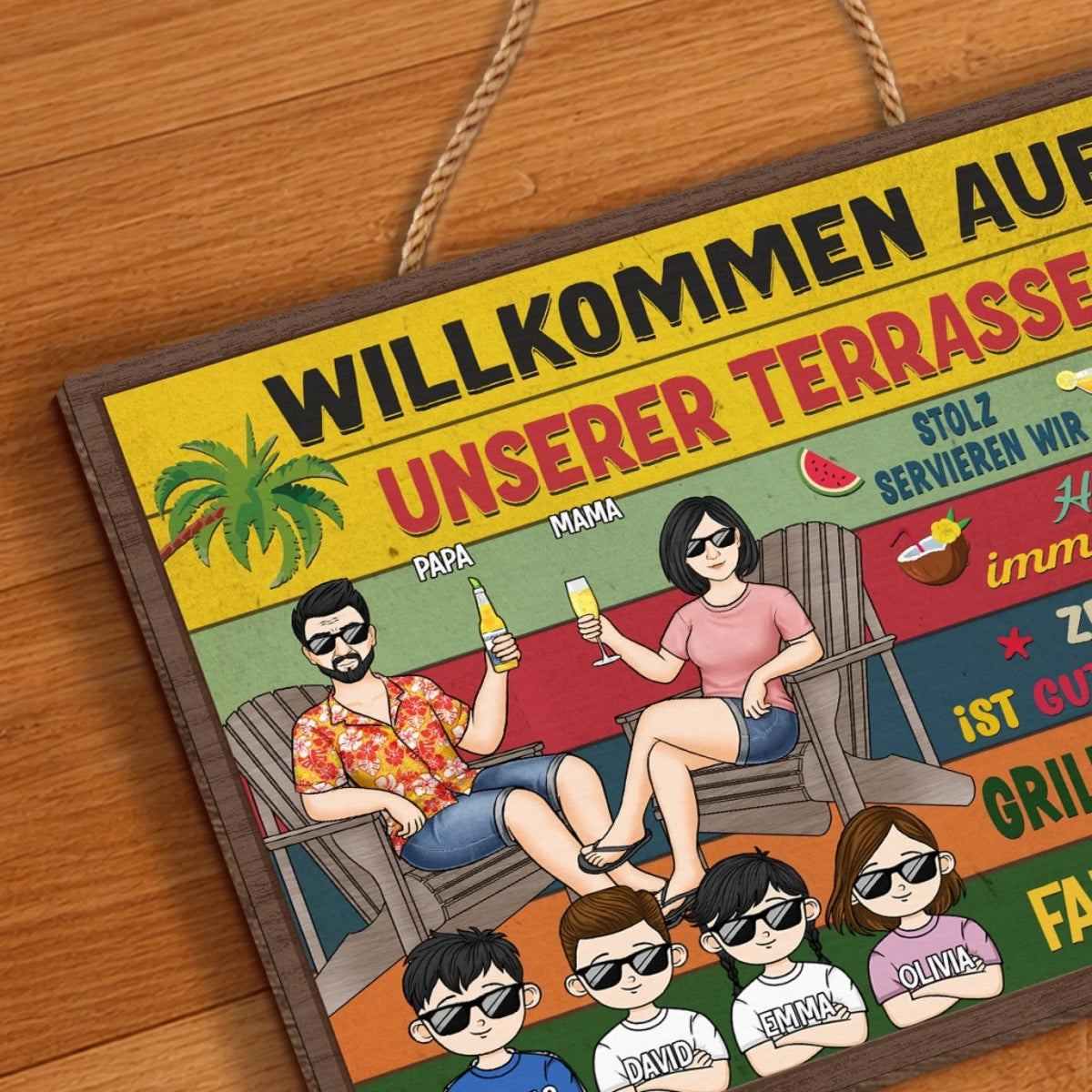 Personalisiertes Holzschild – Geschenk für Familie – Willkommen auf unserer Terrasse
