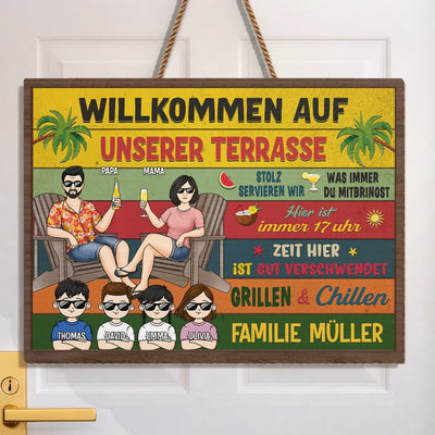 Personalisiertes Holzschild – Geschenk für Familie – Willkommen auf unserer Terrasse