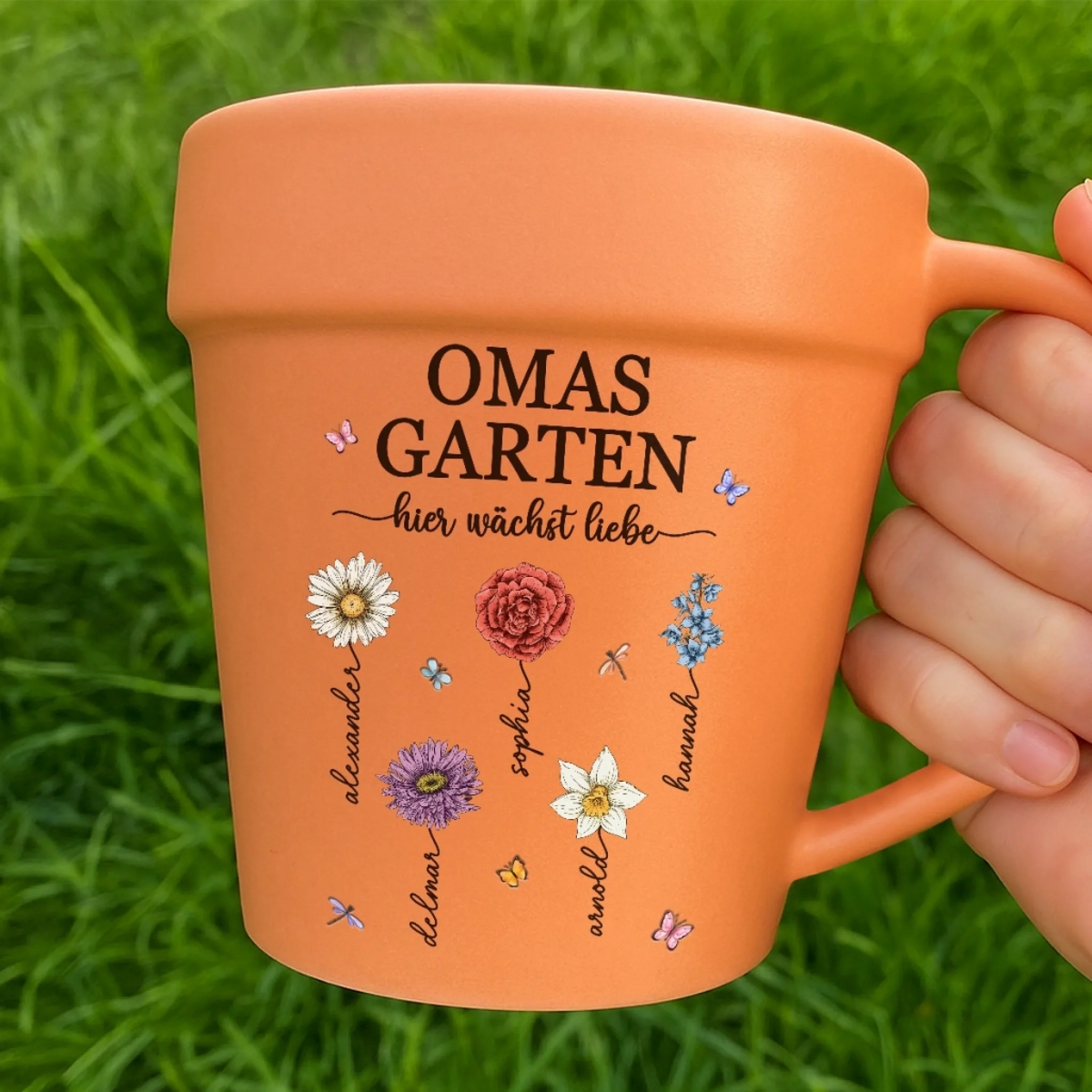 Personalisierte Blumentopf-Tasse – Geschenk für Mama, Oma – Ein Garten voller Liebe