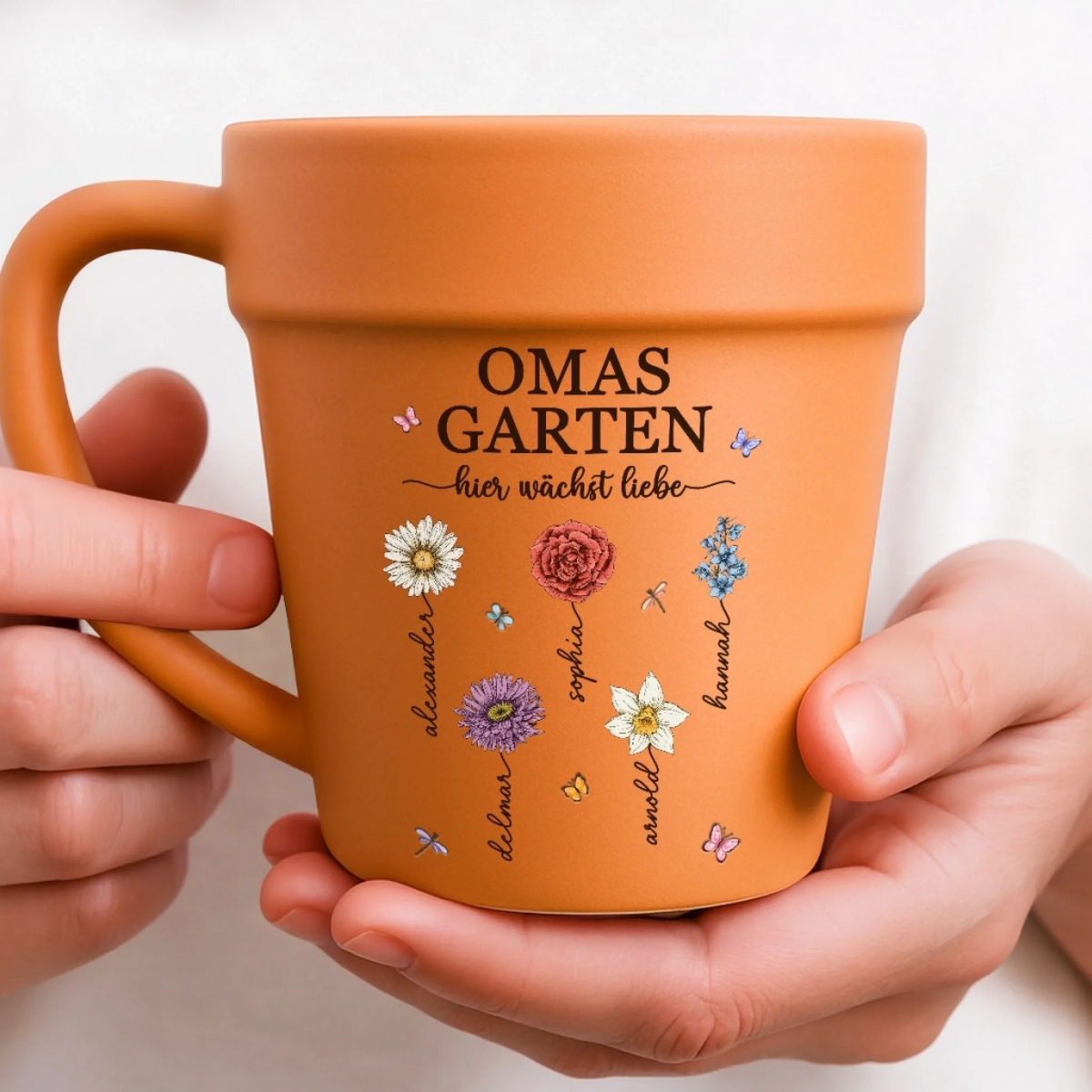Personalisierte Blumentopf-Tasse – Geschenk für Mama, Oma – Ein Garten voller Liebe
