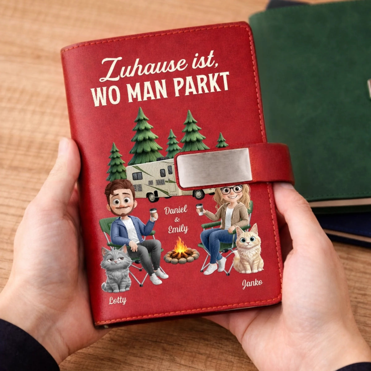 Personalisiertes Notizbuch aus PU-Leder – Geschenk Für Campingpaare, Katzenliebhaber – Erinnerungen sammeln auf jedem Campingpla