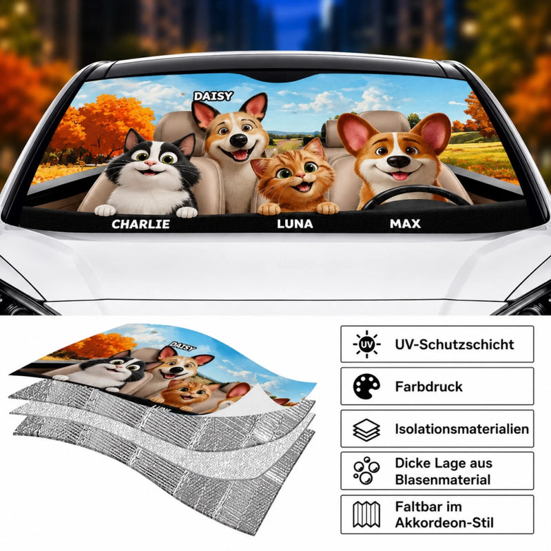 Personalisierter Frontscheiben-Sonnenschutz – Geschenk für Hundebesitzer, Katzenbesitzer – Fahrten voller Lächeln