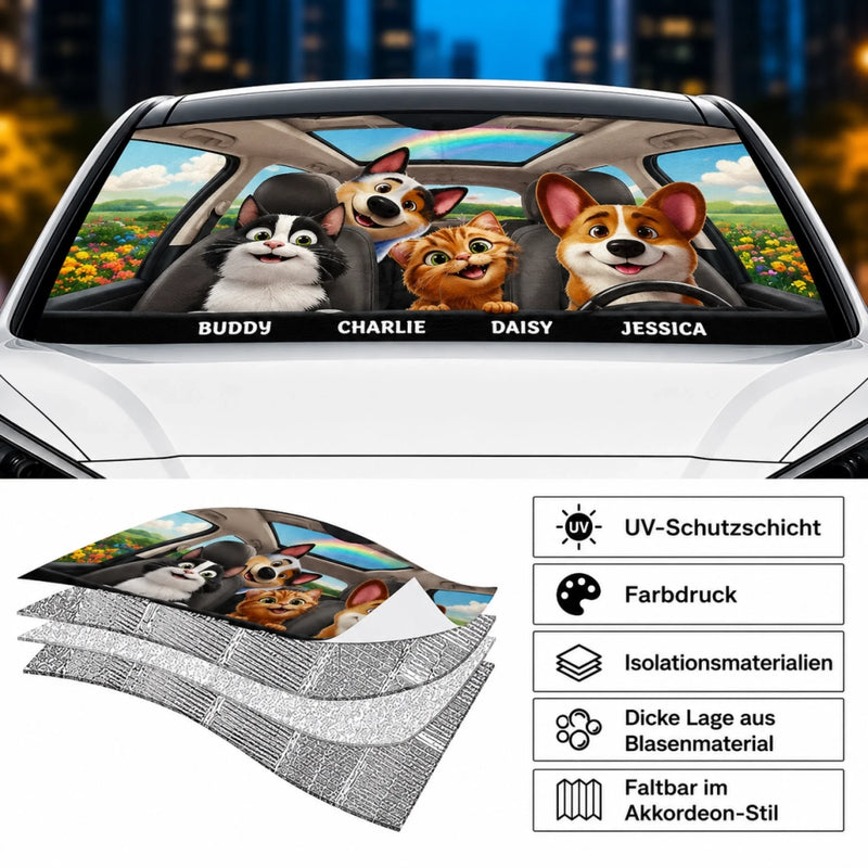 Personalisierter Frontscheiben-Sonnenschutz – Geschenk für Hundebesitzer, Katzenbesitzer – Mit Liebe unterwegs