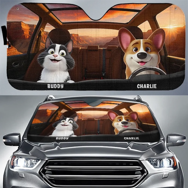 Personalisierter Frontscheiben-Sonnenschutz – Geschenk für Hundebesitzer, Katzenbesitzer – Zusammen macht jede Fahrt Spaß