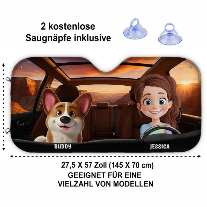 Personalisierter Frontscheiben-Sonnenschutz – Geschenk für Hundebesitzer, Katzenbesitzer – Wo wir fahren, ist Zuhause