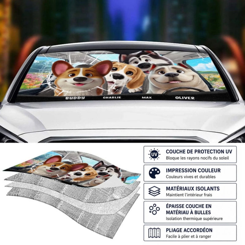 Personalisierter Frontscheiben-Sonnenschutz – Geschenk für Hundebesitzer – Liebe fährt immer mit
