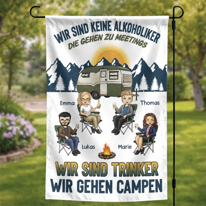 Personalisierte Flagge – Geschenk für Camper & Campingpaare – Lagerfeuer, Freunde & Bier