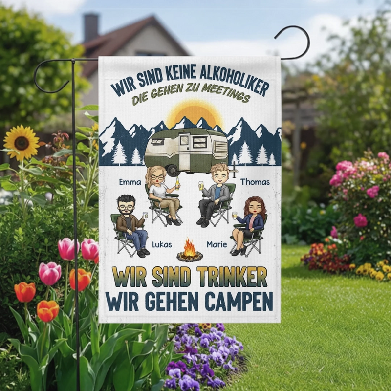 Personalisierte Flagge – Geschenk für Camper & Campingpaare – Lagerfeuer, Freunde & Bier