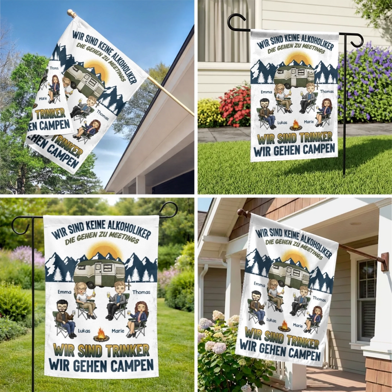 Personalisierte Flagge – Geschenk für Camper & Campingpaare – Lagerfeuer, Freunde & Bier