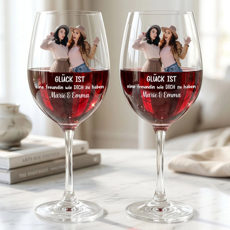 Personalisiertes Weinglas mit Foto – Geschenk für Schwestern, Freundinnen – Du bist mein Glück