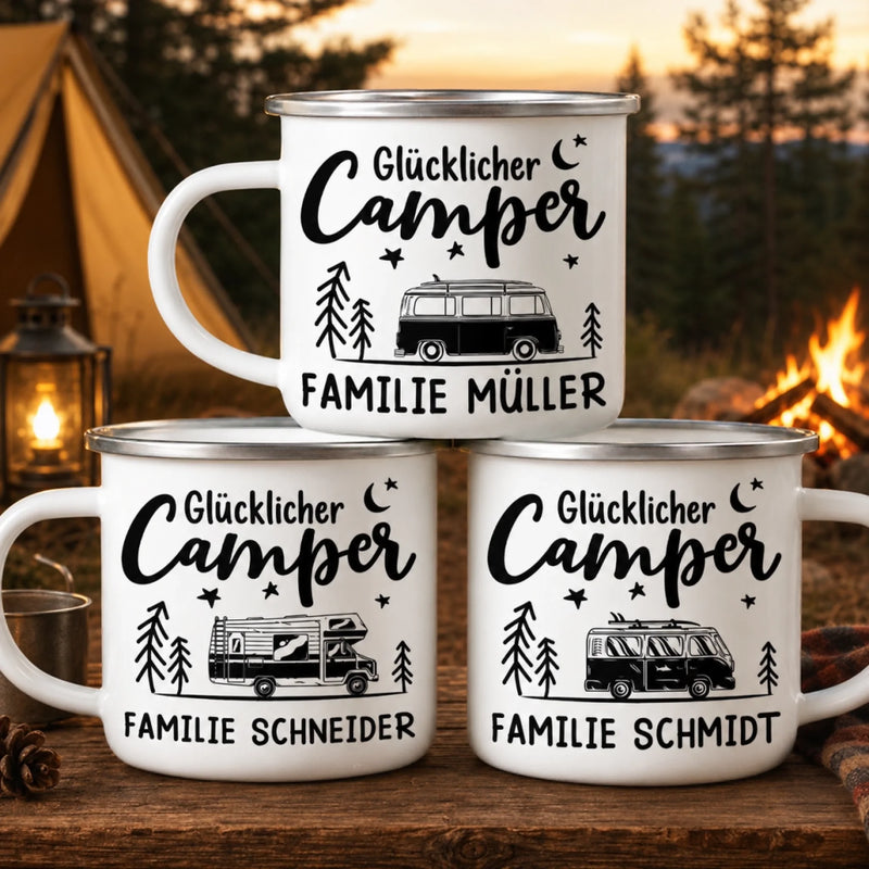 Personalisierter Emaille-Campingbecher – Geschenk für Camper – Glücklicher Camper