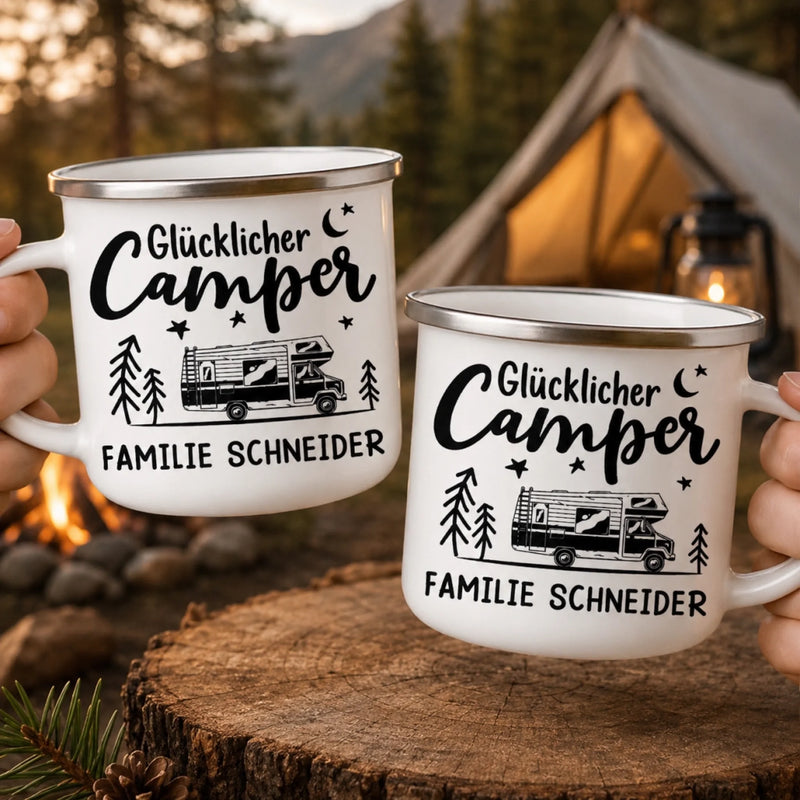 Personalisierter Emaille-Campingbecher – Geschenk für Camper – Glücklicher Camper