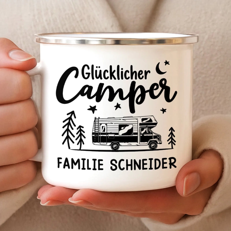 Personalisierter Emaille-Campingbecher – Geschenk für Camper – Glücklicher Camper