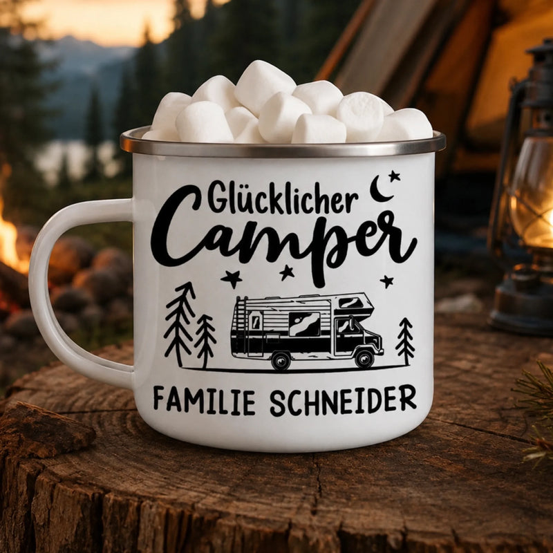 Personalisierter Emaille-Campingbecher – Geschenk für Camper – Glücklicher Camper