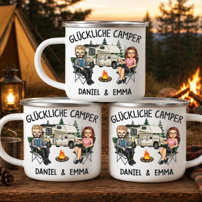 Personalisierter Emaille-Campingbecher – Geschenk für Campingpaare – Glückliche Camper