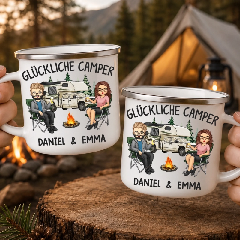 Personalisierter Emaille-Campingbecher – Geschenk für Campingpaare – Glückliche Camper