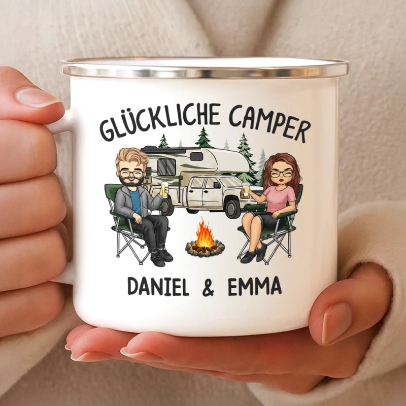 Personalisierter Emaille-Campingbecher – Geschenk für Campingpaare – Glückliche Camper