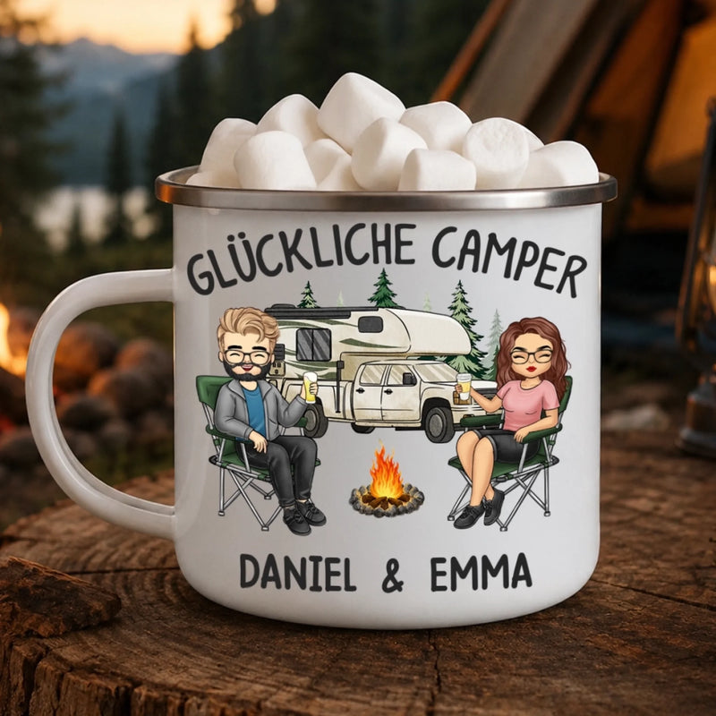 Personalisierter Emaille-Campingbecher – Geschenk für Campingpaare – Glückliche Camper
