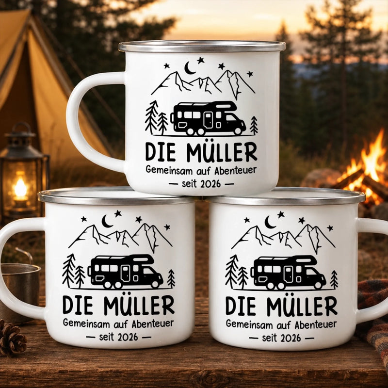 Personalisierter Emaille-Campingbecher – Geschenk für Camper – Gemeinsam neue Wege entdecken