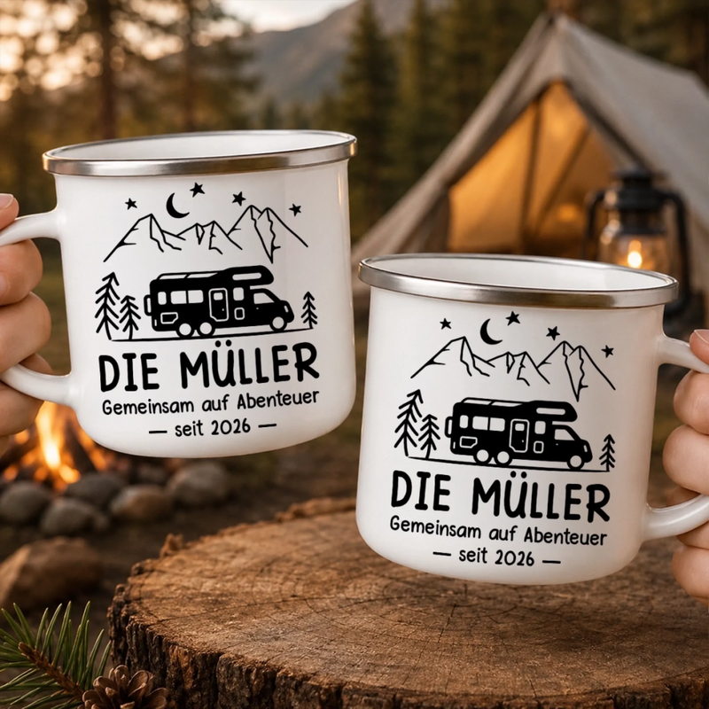Personalisierter Emaille-Campingbecher – Geschenk für Camper – Gemeinsam neue Wege entdecken