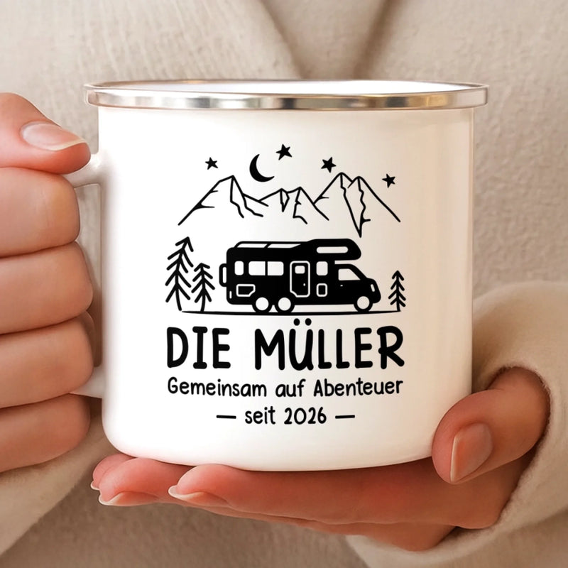 Personalisierter Emaille-Campingbecher – Geschenk für Camper – Gemeinsam neue Wege entdecken