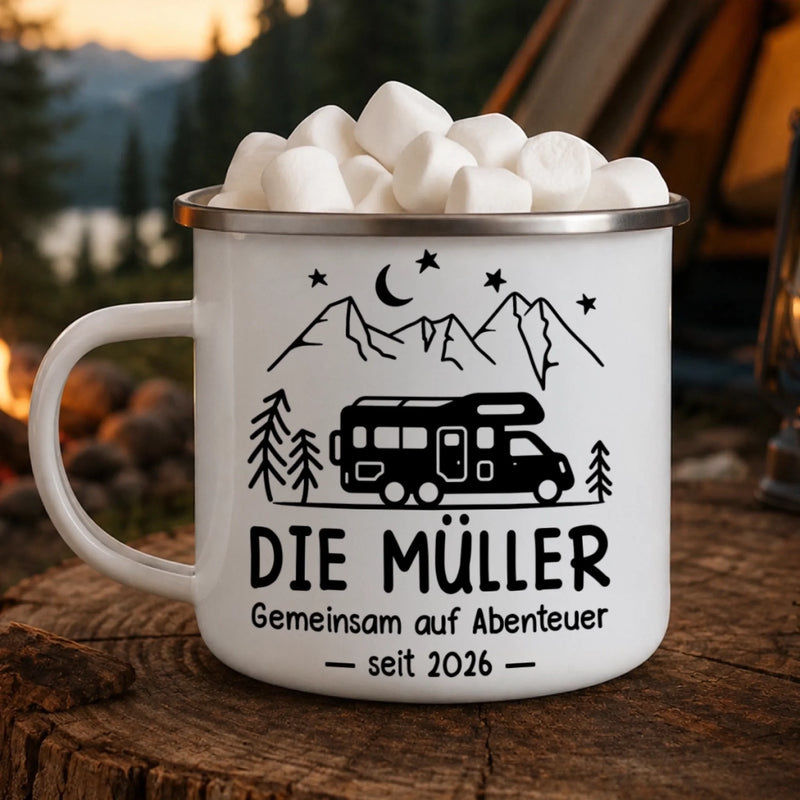Personalisierter Emaille-Campingbecher – Geschenk für Camper – Gemeinsam neue Wege entdecken