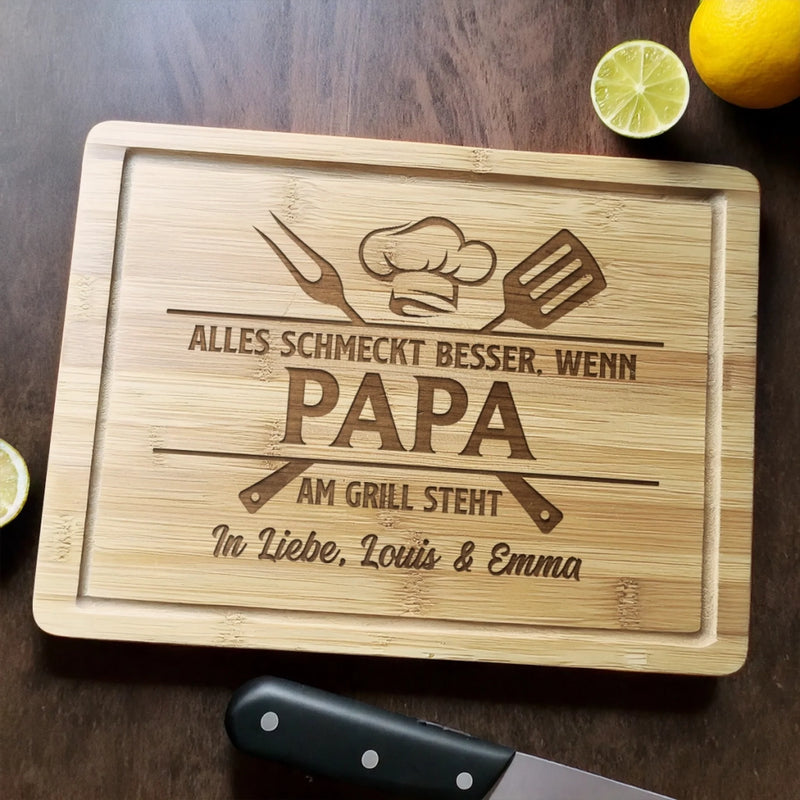 Personalisiertes graviertes Schneidebrett – Geschenk für Papa, Opa – Hier grillt der Chef