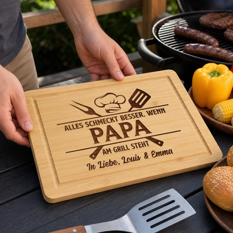 Personalisiertes graviertes Schneidebrett – Geschenk für Papa, Opa – Hier grillt der Chef