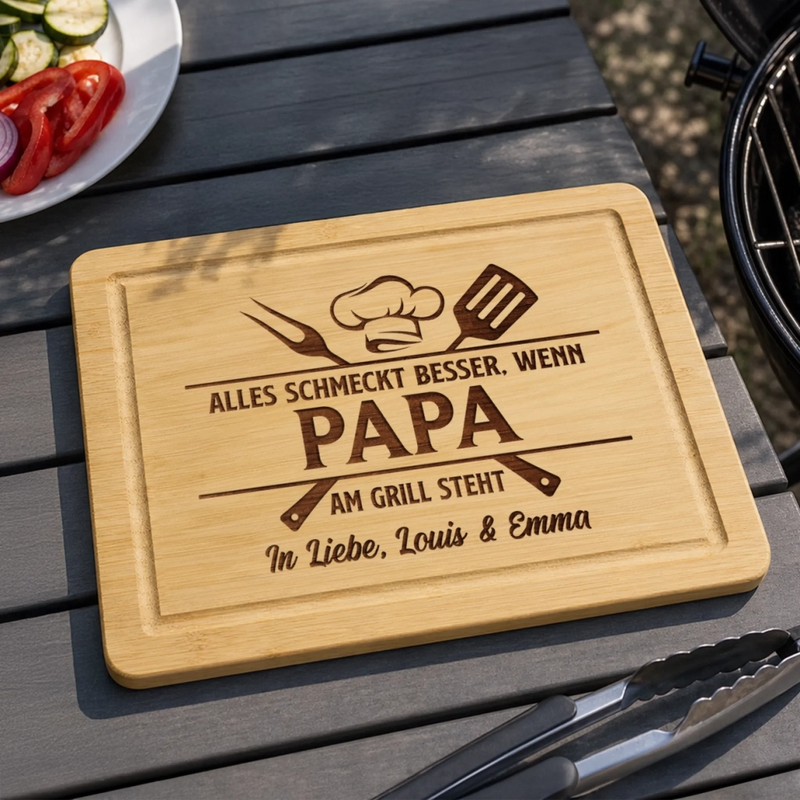 Personalisiertes graviertes Schneidebrett – Geschenk für Papa, Opa – Hier grillt der Chef