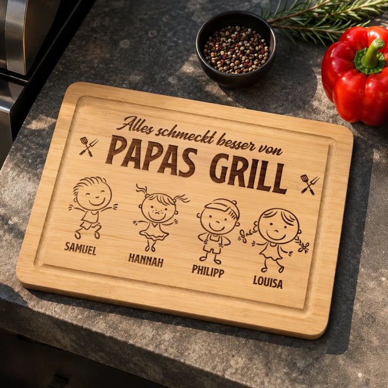 Personalisiertes graviertes Schneidebrett – Geschenk für Papa, Opa – Alles schmeckt besser
