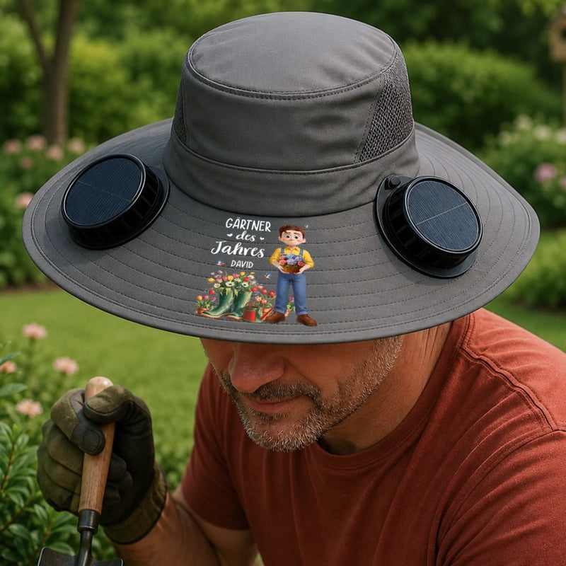 Personalisierter Sonnenhut mit Solarventilatoren – Geschenk für Gärtner, Gärtnerin - Pflanzen, Pflegen, Genießen