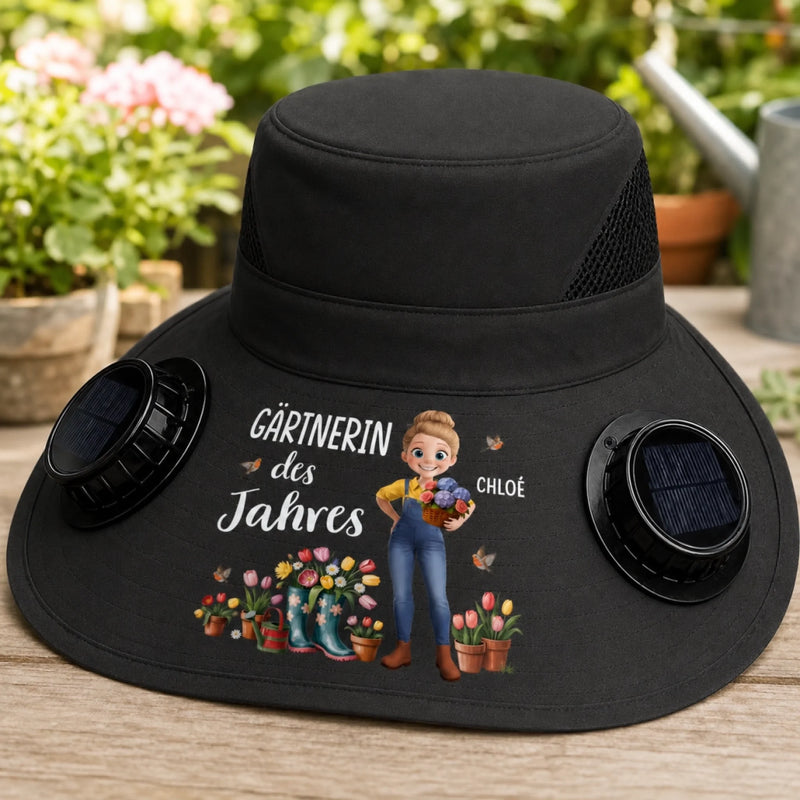 Personalisierter Sonnenhut mit Solarventilatoren – Geschenk für Gärtner, Gärtnerin - Für echte Gartenhelden