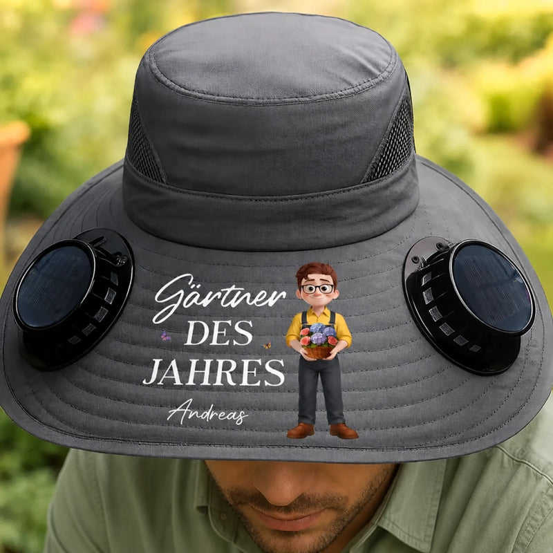 Personalisierter Sonnenhut mit Solarventilatoren – Geschenk für Gärtner, Gärtnerin - Gartenfrisur? Mir Egal!