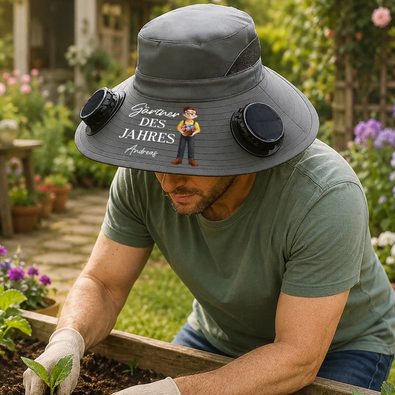 Personalisierter Sonnenhut mit Solarventilatoren – Geschenk für Gärtner, Gärtnerin - Gartenfrisur? Mir Egal!