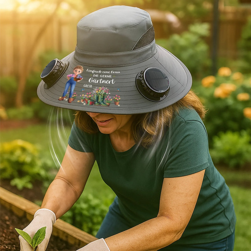 Personalisierter Sonnenhut mit Solarventilatoren – Geschenk für Gärtnerin - Einfach eine Frau, die gerne gärtnert