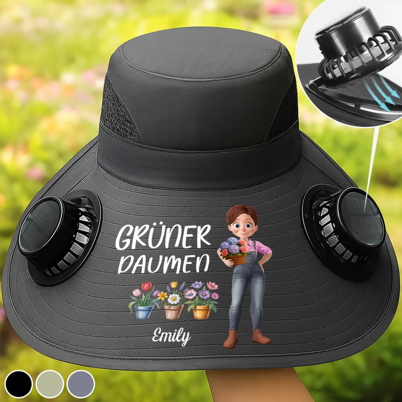 Personalisierter Sonnenhut mit Solarventilatoren – Geschenk für Gärtner, Gärtnerin - Grünen Daumen