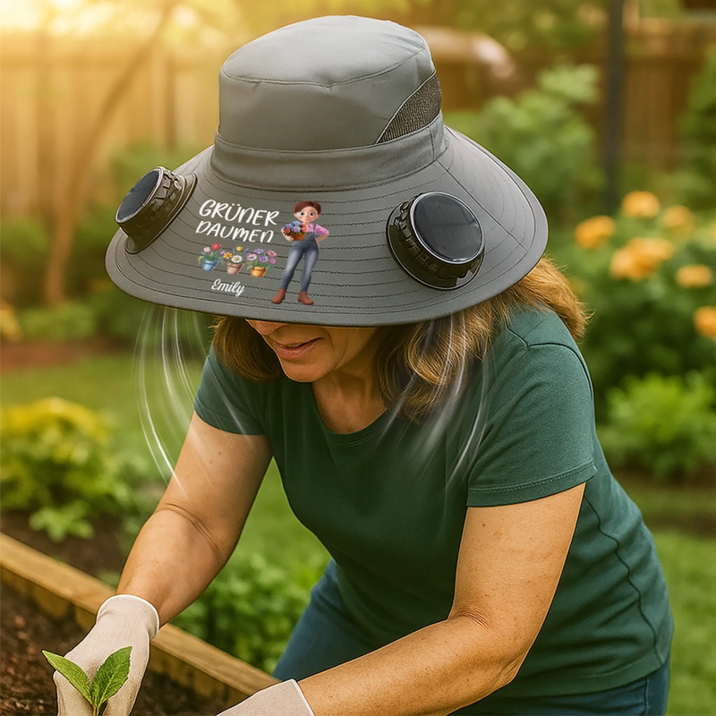Personalisierter Sonnenhut mit Solarventilatoren – Geschenk für Gärtner, Gärtnerin - Grünen Daumen