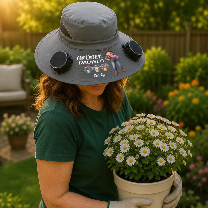 Personalisierter Sonnenhut mit Solarventilatoren – Geschenk für Gärtner, Gärtnerin - Grünen Daumen
