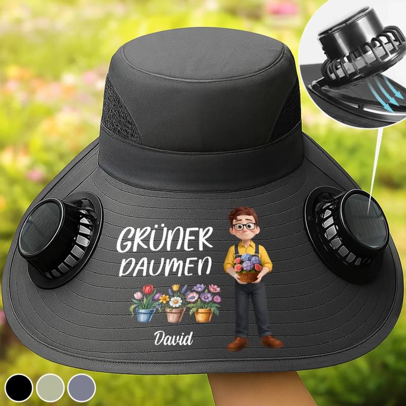 Personalisierter Sonnenhut mit Solarventilatoren – Geschenk für Gärtner, Gärtnerin - Grünen Daumen