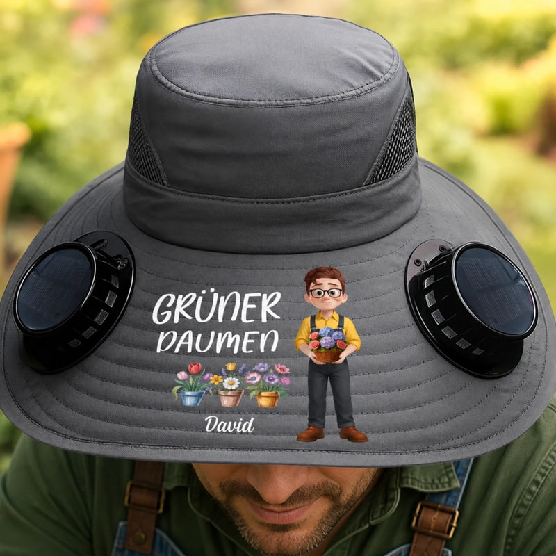 Personalisierter Sonnenhut mit Solarventilatoren – Geschenk für Gärtner, Gärtnerin - Grünen Daumen