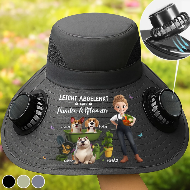 Personalisierter Sonnenhut mit Solarventilatoren – Geschenk für Gärtnerin, Hundebesitzer - Leicht abgelenkt von Hund & Grünzeug