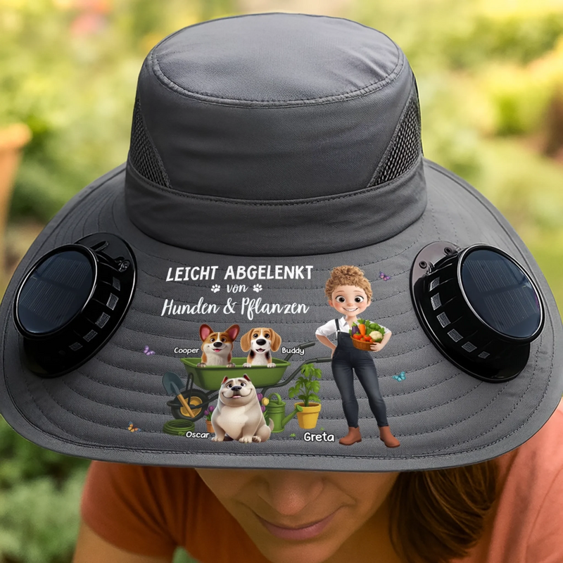 Personalisierter Sonnenhut mit Solarventilatoren – Geschenk für Gärtnerin, Hundebesitzer - Leicht abgelenkt von Hund & Grünzeug