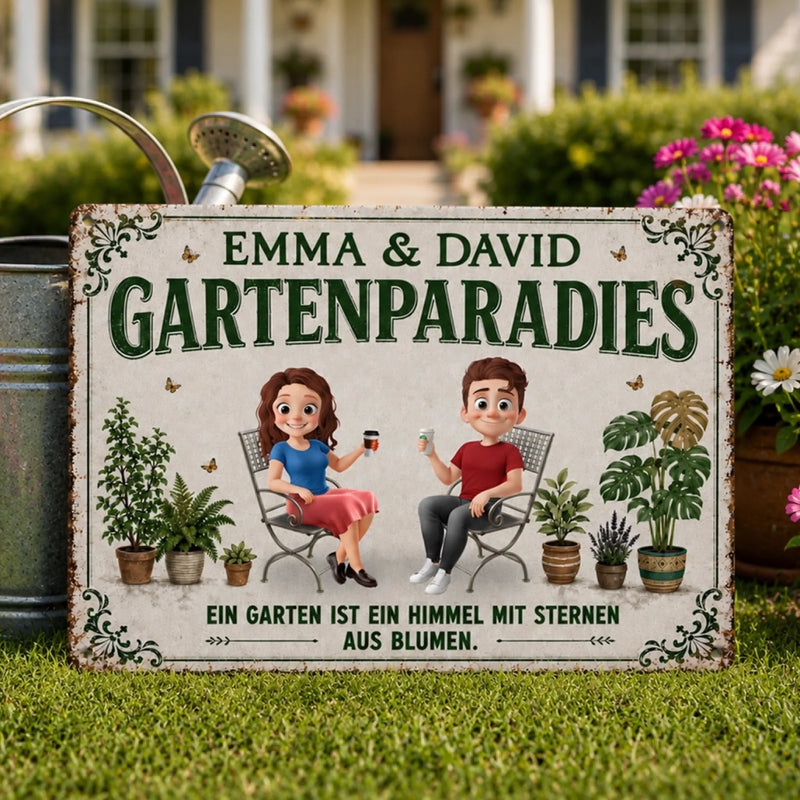 Personalisiertes Metallschild – Geschenk für Paar, Gärtner, Gärtnerin – Unser Garten, Unser Glück