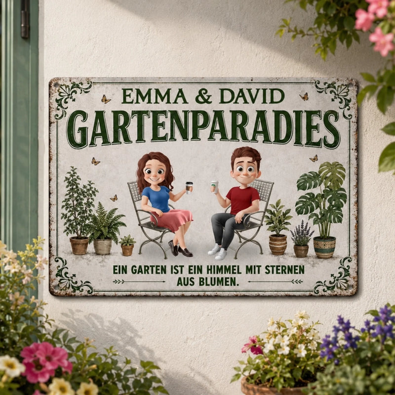 Personalisiertes Metallschild – Geschenk für Paar, Gärtner, Gärtnerin – Unser Garten, Unser Glück