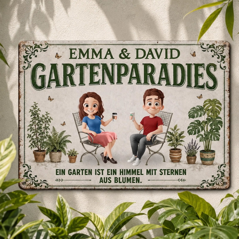Personalisiertes Metallschild – Geschenk für Paar, Gärtner, Gärtnerin – Unser Garten, Unser Glück