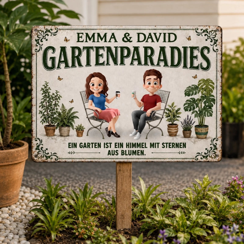 Personalisiertes Metallschild – Geschenk für Paar, Gärtner, Gärtnerin – Unser Garten, Unser Glück