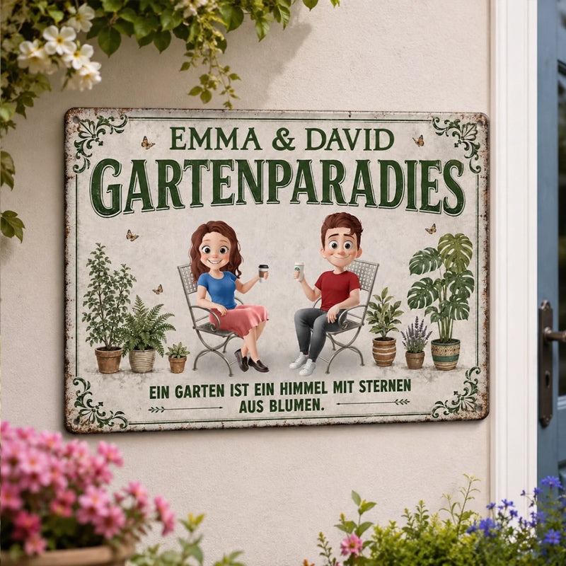 Personalisiertes Metallschild – Geschenk für Paar, Gärtner, Gärtnerin – Unser Garten, Unser Glück