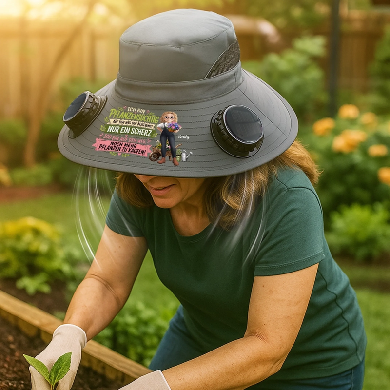 Personalisierter Sonnenhut mit Solarventilatoren – Geschenk für Gärtnerin - Mein Garten ruft, ich muss los
